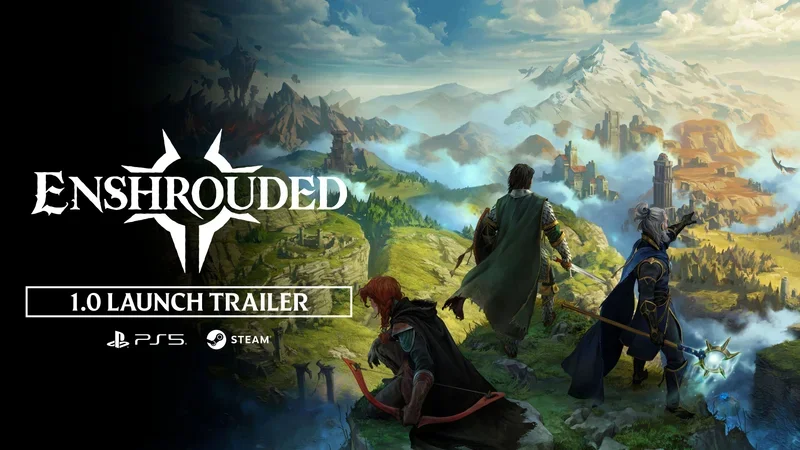 Visuel du trailer de lancement Enshrouded 1.0, trois personnages dominant Embervale