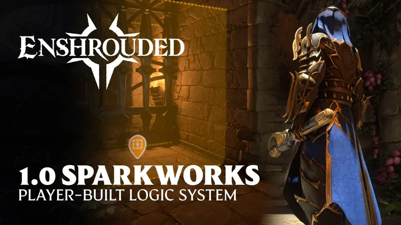 Visuel officiel de Sparkworks, personnage en armure dans un couloir de pierre