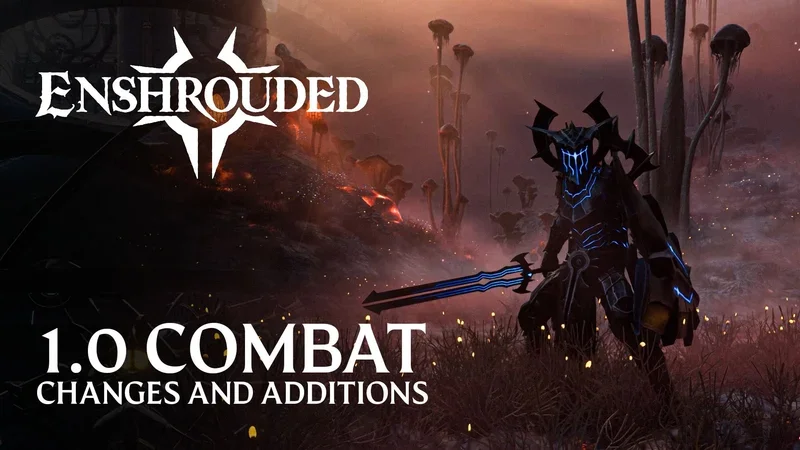Visuel officiel des changements de combat de la 1.0, personnage en armure et epee dans un paysage rougeoyant