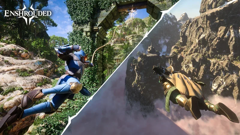 Deux scenes de vol plane, au-dessus dune jungle et dun canyon, screenshot officiel Enshrouded 1.0
