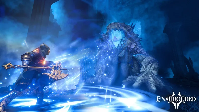 Joueur armé face a un immense boss spectral bleu, screenshot officiel Enshrouded 1.0