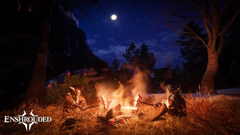 Groupe de joueurs autour dun feu de camp sous la lune, screenshot officiel Enshrouded 1.0