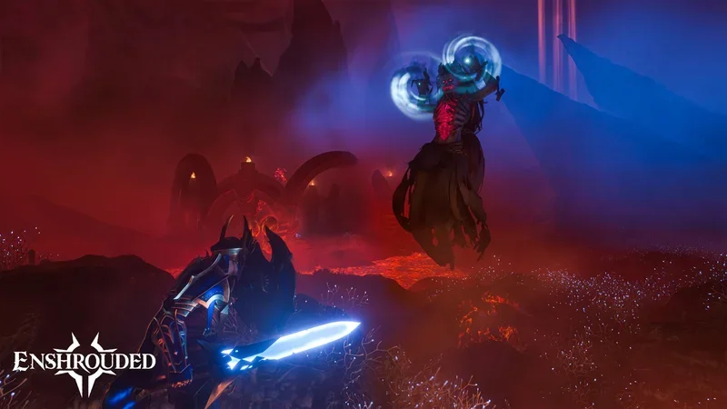 Joueur a larme bleue luminescente face a une creature Fell dans la Brume rouge, screenshot officiel Enshrouded 1.0