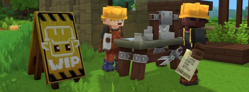 Deux personnages Hytale à un établi devant un panneau WIP, visuel officiel des notes de pré-release