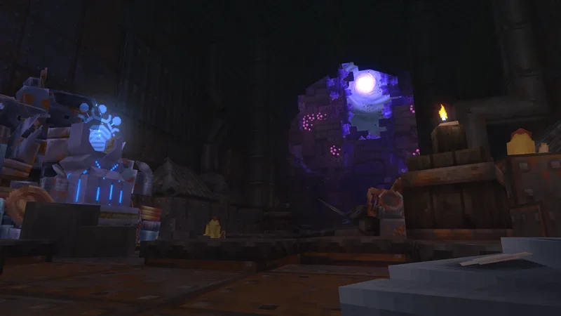 Portail violet de la Goblin Breach ouvert dans une salle du Temple Oublié