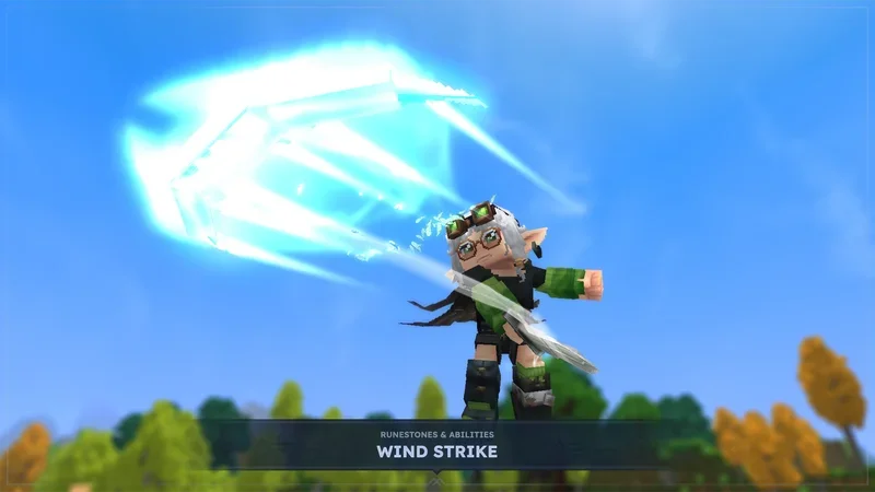 Un avatar lance la capacité Wind Strike, un arc de vent bleu