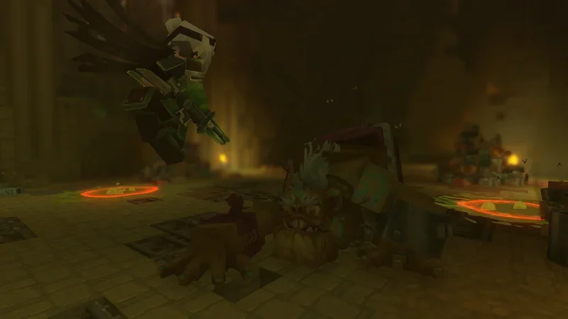 Un avatar bondit au-dessus d'un boss gobelin dans une arène des Deepworks
