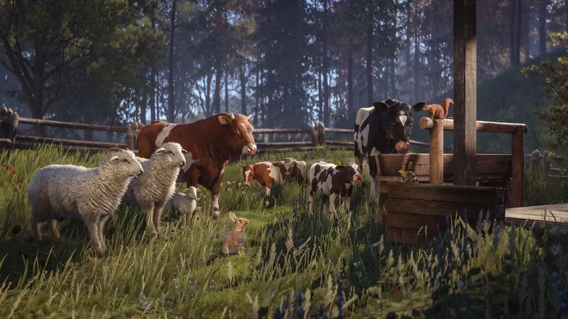 Vaches, moutons et veaux dans un pré devant une grange, visuel officiel de la mise à jour Livestock