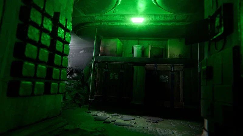 Salle de butin Powergrid baignée de lumière verte