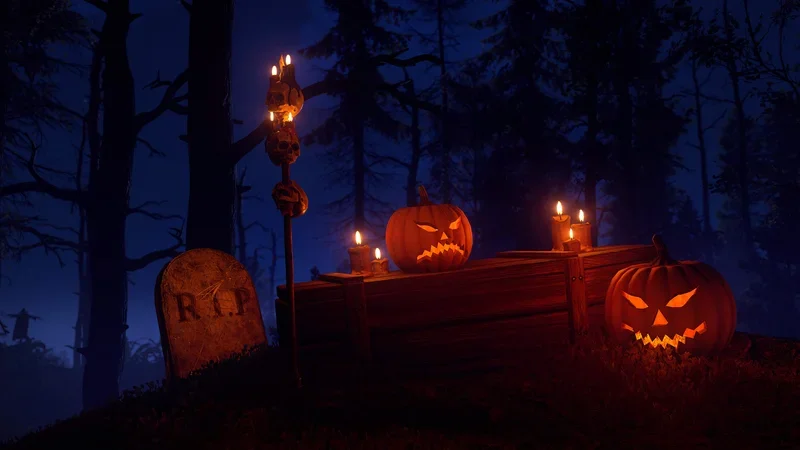 Décorations d'Halloween, citrouilles lumineuses, cercueil et bougies dans une forêt de nuit