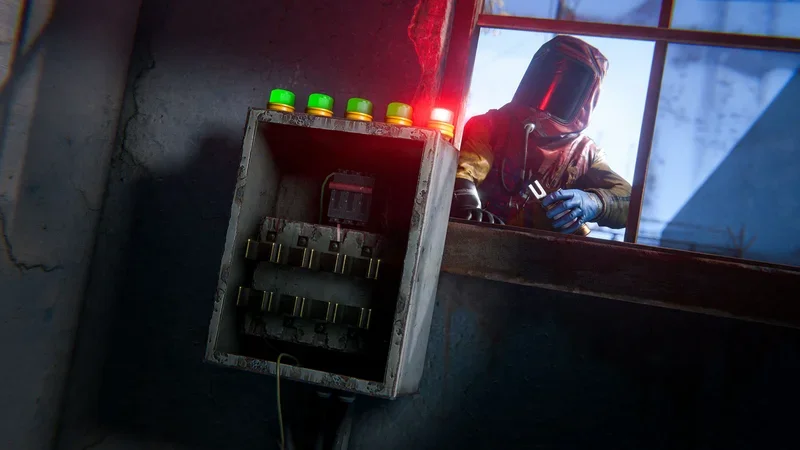 Boîtier à fusibles du Power Plant atteint par une fenêtre cassée, un scientifique en combinaison rouge derrière