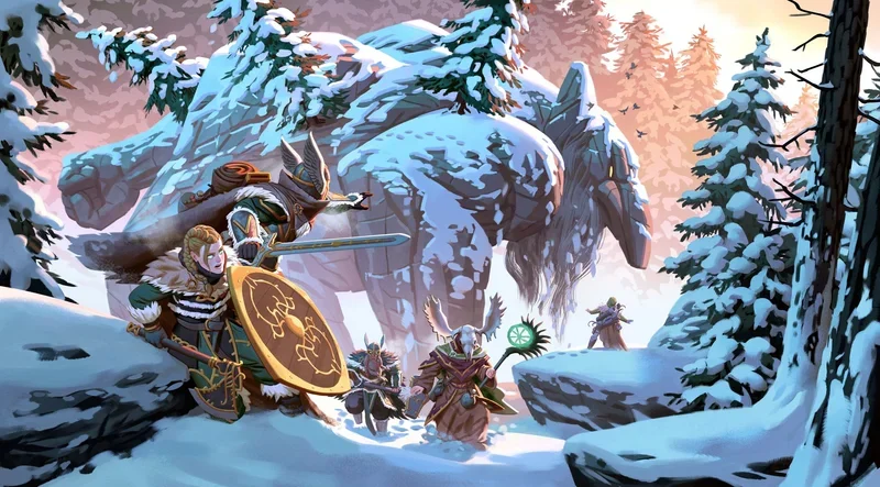 Artwork officiel de Valheim 1.0, un viking au bouclier rond fuit un troll des glaces géant dans une forêt enneigée