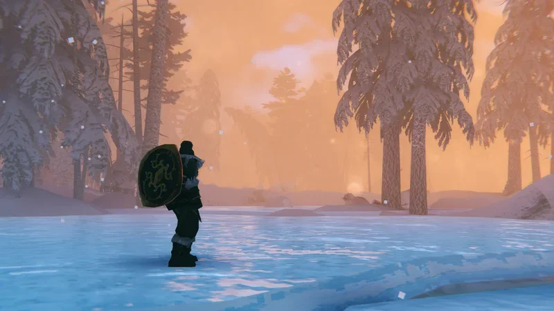 Un viking au bouclier traverse un lac gelé au coucher du soleil dans le Deep North