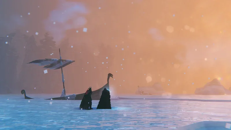 Un drakkar navigue dans une tempête de neige sur une mer du Deep North