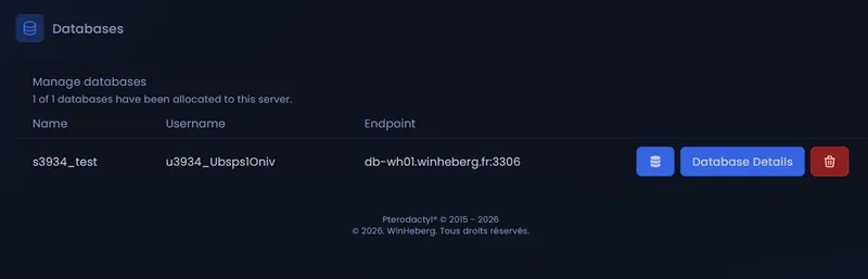 Screenshot of the Databases tab with the list of databases