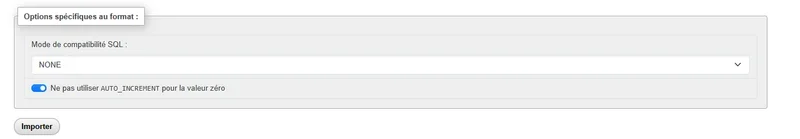 Format-specific options section in phpMyAdmin, including the SQL compatibility mode and the Import button to finish the action
