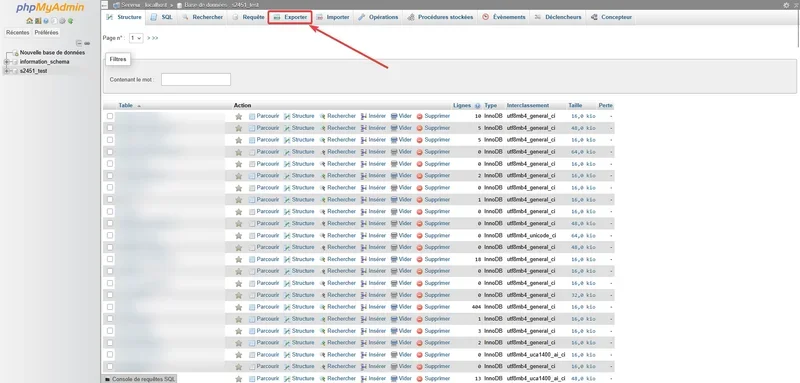 Screenshot of the Export tab in phpMyAdmin, showing the list of tables in a selected database to allow creating a backup or an export