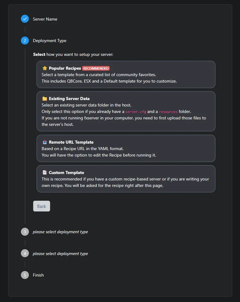 Step 2 of the txAdmin wizard, choosing the deployment type (Popular Recipes, Existing Server Data, Remote URL Template, Custom Template)
