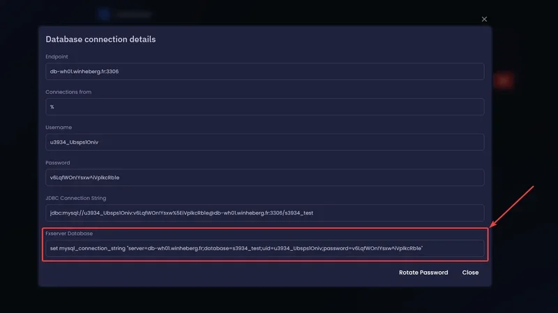 Screenshot of the Database Details section with the Fxserver Database line