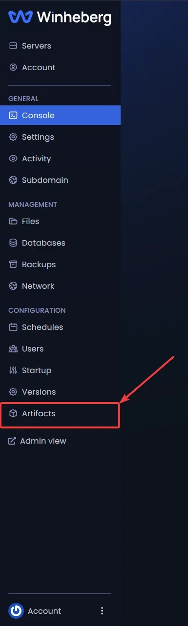 Winheberg panel sidebar menu with the Artifacts button highlighted in the Configuration section