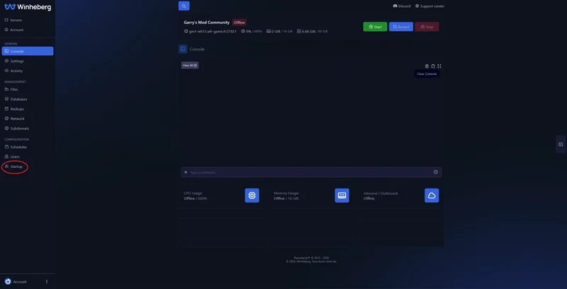 Startup tab of the Garry's Mod server on the Winheberg panel