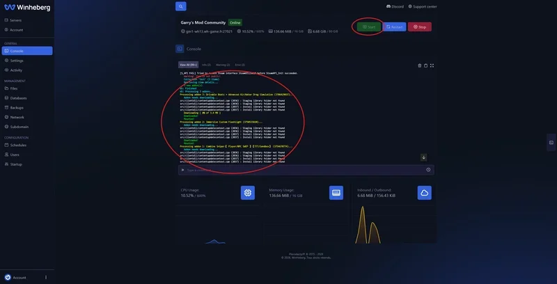 Panel console showing the download of the Workshop add-ons