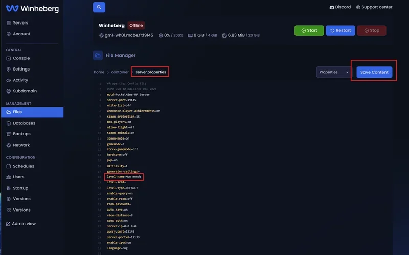 Modifying the level-name line inside the server.properties file