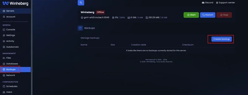 Accessing the Backups tab from the Winheberg gaming panel sidebar menu
