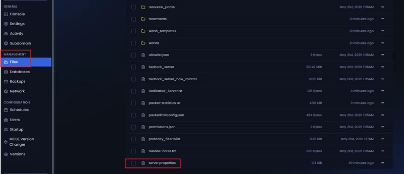 Opening the server.properties file in the file manager
