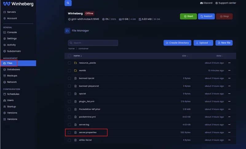 Accessing the File Manager tab on the Winheberg management panel
