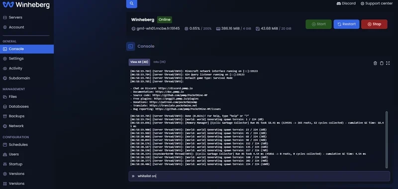 Administration console interface for PocketMine-MP server on the Winheberg panel