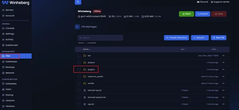 Accessing the File Manager tab on the Winheberg management panel