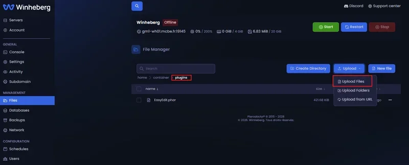 Uploading a .phar plugin file into the plugins folder