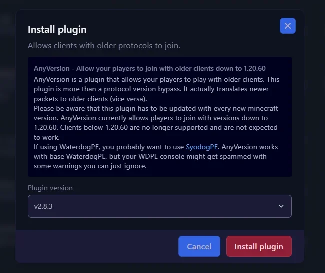 Choosing the version and installing the plugin