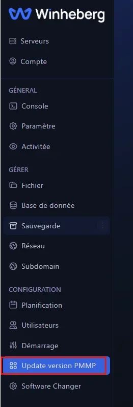 WinHeberg panel side menu with the Versions button highlighted in the Configuration section