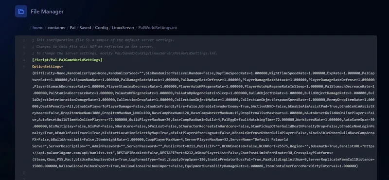 Example of a properly formatted PalWorldSettings.ini file with all parameters on a single line