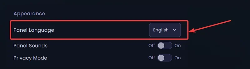 Appearance section with the Panel Language selector of the game panel