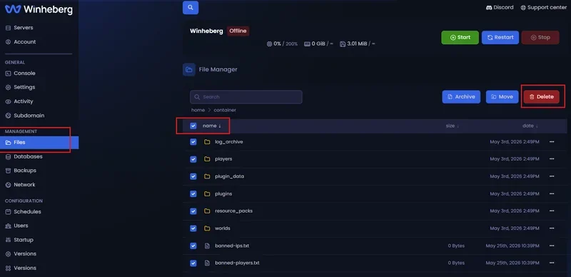 Selecting all of the server's files on the gaming panel