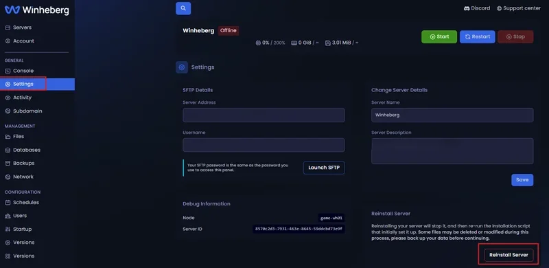 Reinstall Server button in the panel settings