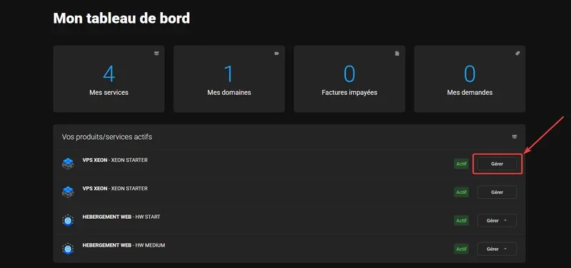 Winheberg dashboard with the list of active services and the Manage button for each VPS