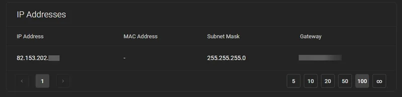 IP Addresses section on a Winheberg VPS management page showing the IPv4 address, subnet mask, and gateway