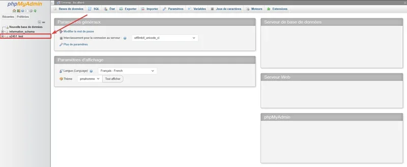 Interface phpMyAdmin montrant le serveur MariaDB et la base de données sélectionnée