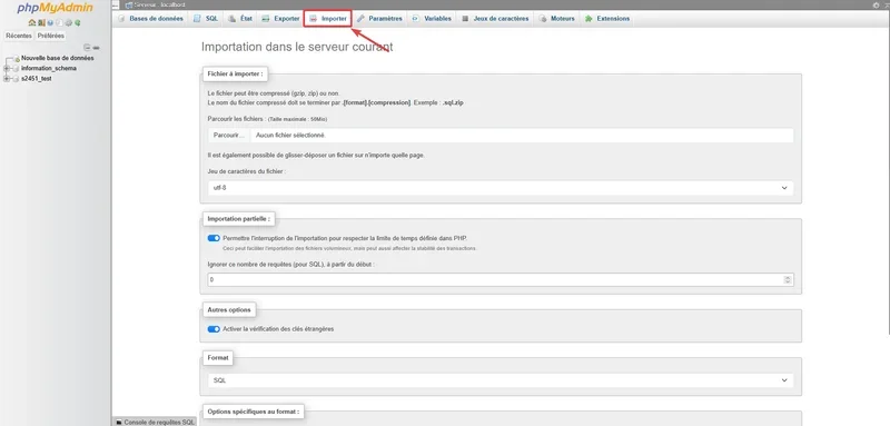 Capture d'écran de l'onglet Importer dans phpMyAdmin, utilisé pour télécharger et intégrer des fichiers de sauvegarde ou des scripts SQL dans une base de données