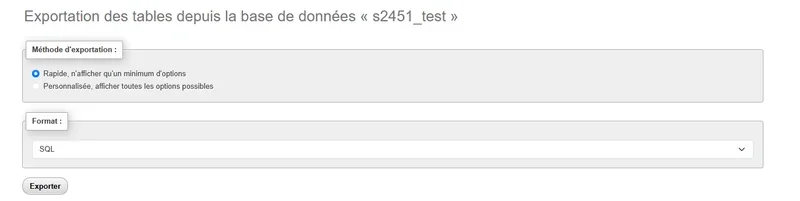 Interface de configuration de l'exportation dans phpMyAdmin, permettant de choisir entre une méthode rapide ou personnalisée, de définir le format SQL par défaut et de lancer l'opération
