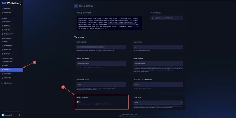 Page Startup Settings avec le menu Startup et la case ENABLE TXADMIN mis en évidence