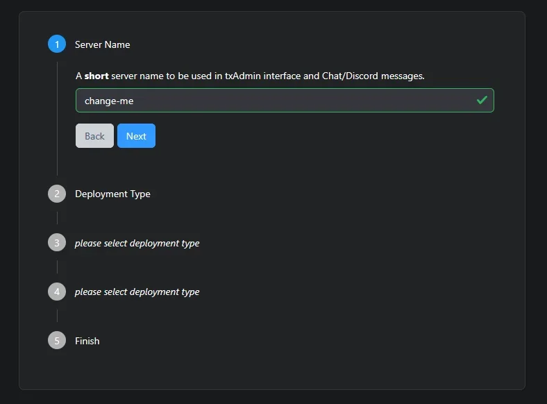 Étape 1 du wizard txAdmin, saisie du nom court du serveur (Server Name)