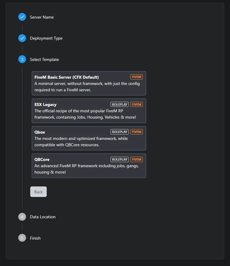 Étape 3, sélection du template avec FiveM Basic Server, ESX Legacy, Qbox et QBCore