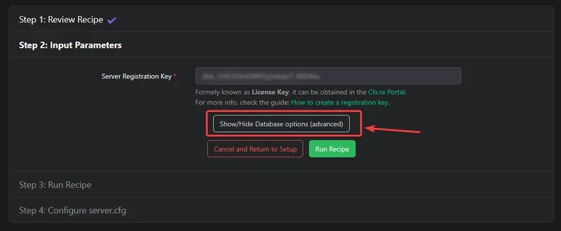 Recipe Deployer, champ Server Registration Key avec bouton Show/Hide Database options encadré en rouge
