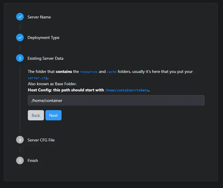 Capture d'écran de l'étape 3 du setup txAdmin demandant le chemin du dossier racine du serveur