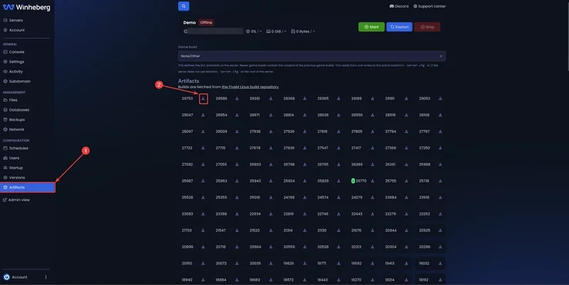 Page Artifacts du panel Winheberg avec le menu Artifacts et un bouton de téléchargement de version mis en évidence
